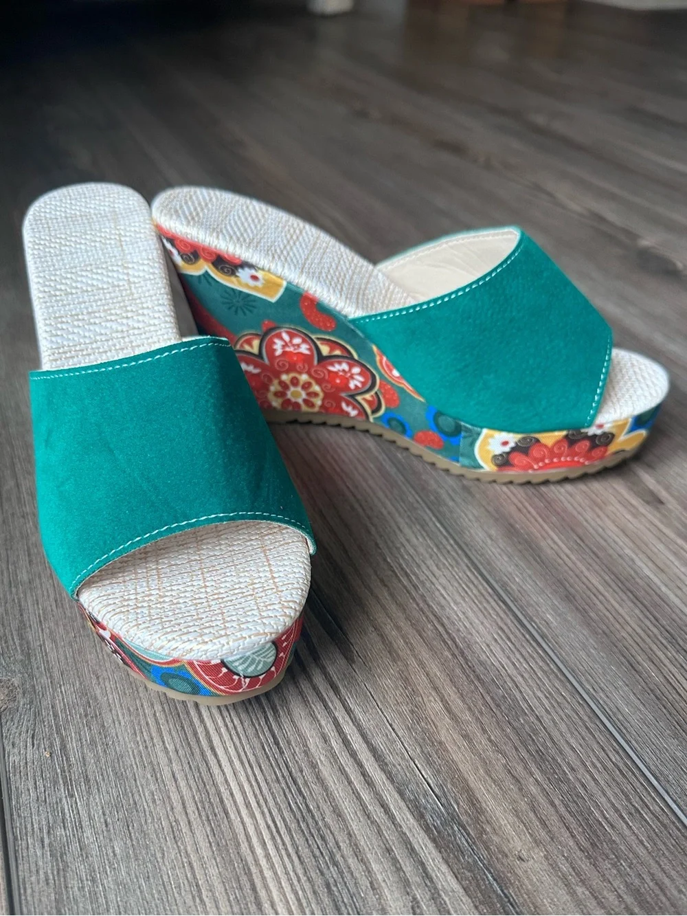 Floral Platform Wedge Sandals Green Faux Suede EU 39 US 8.5 Boho